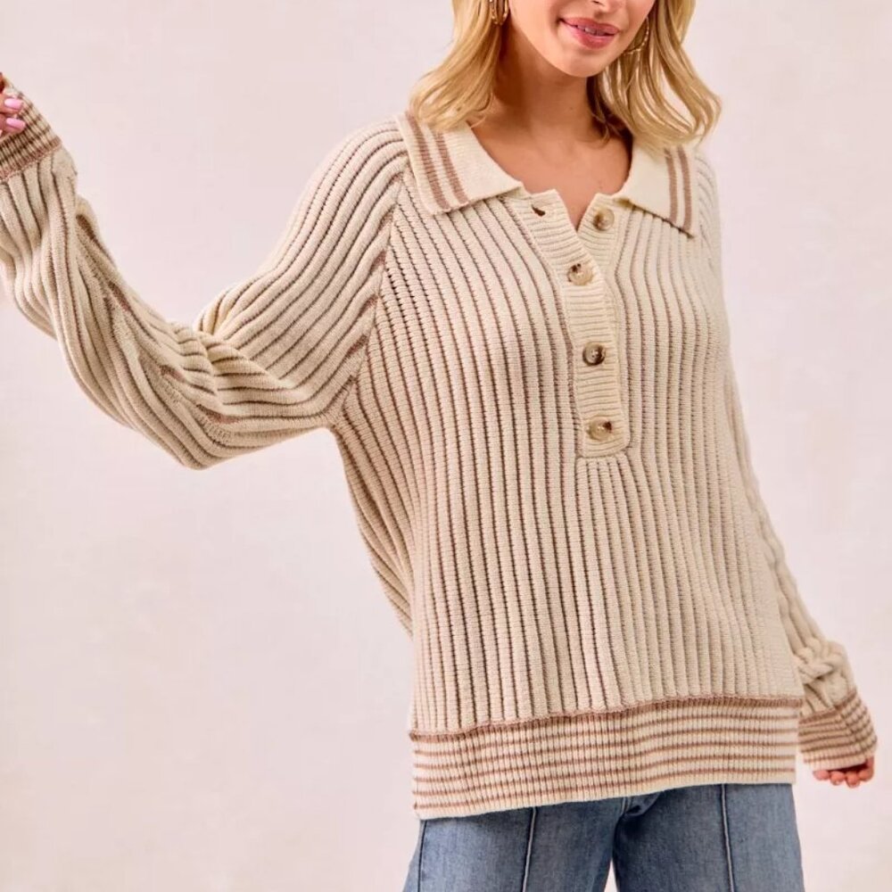 BiBi‎ Half Button Ribbed Two Tone Sweater - Picture 13 of 16